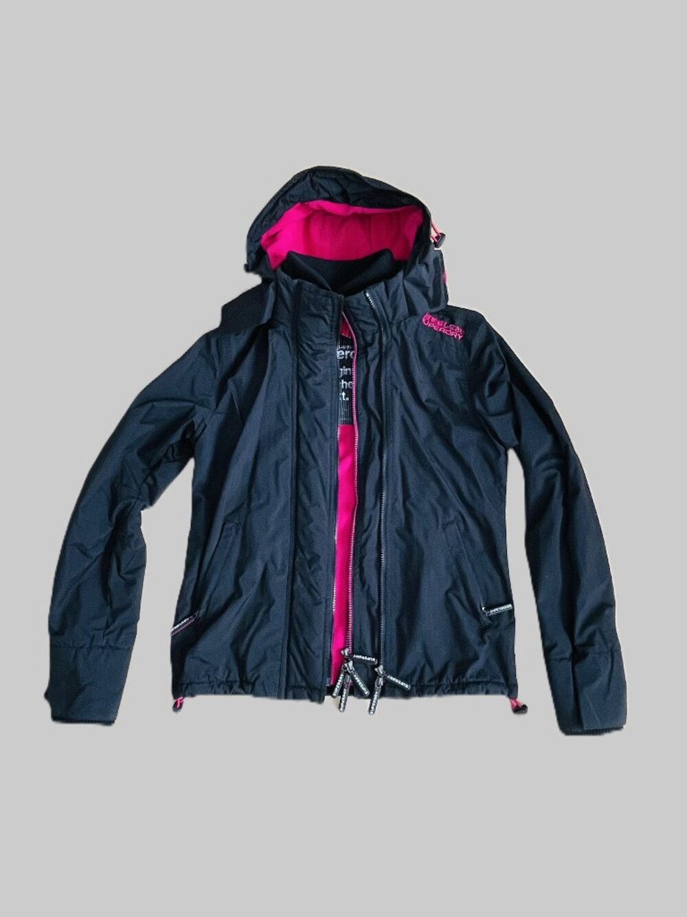 Superdry Women's Black Hooded Jacket Pink Lining Full Zip